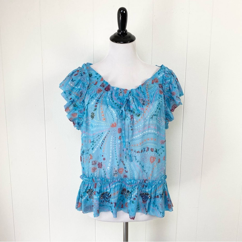 Zadig & Voltaire Tutti Print Psyche  Ruffle Sheer Top SZ XS Blue Novelty Print - Picture 2 of 16